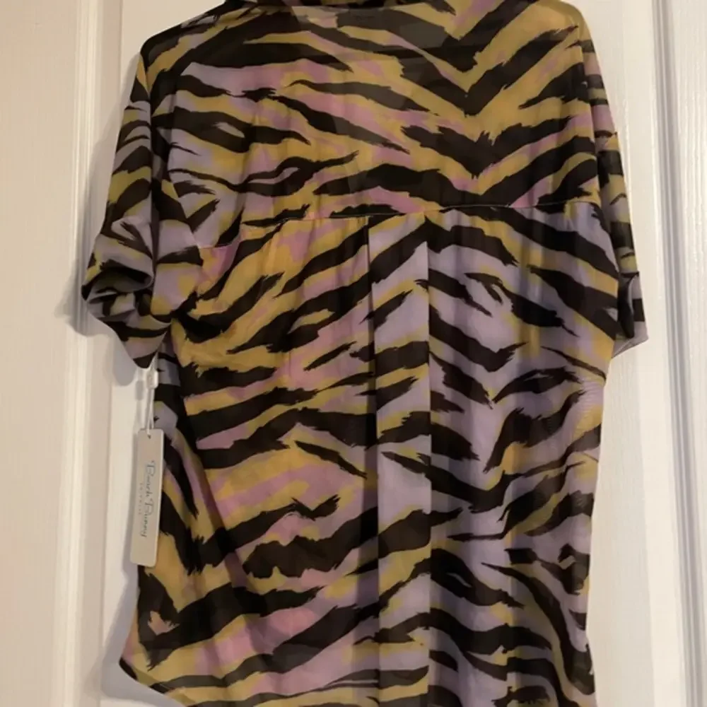 Beach Bunny Sienna Beach Shirt Yellow Lavender Tiger Stripe Mesh Cover Up Medium